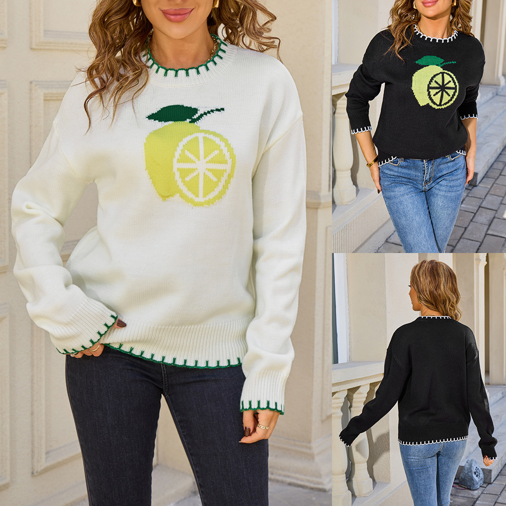 Lemon Jacquard Pullover Sweater Crewneck Knit Top