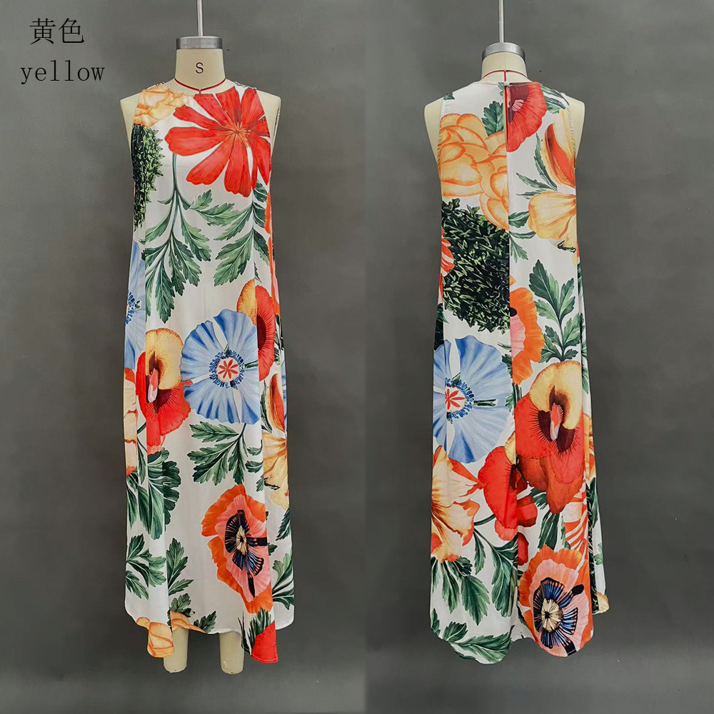 Women's Sleeveless Floral Print Midi Dress U-Neck A-Line
