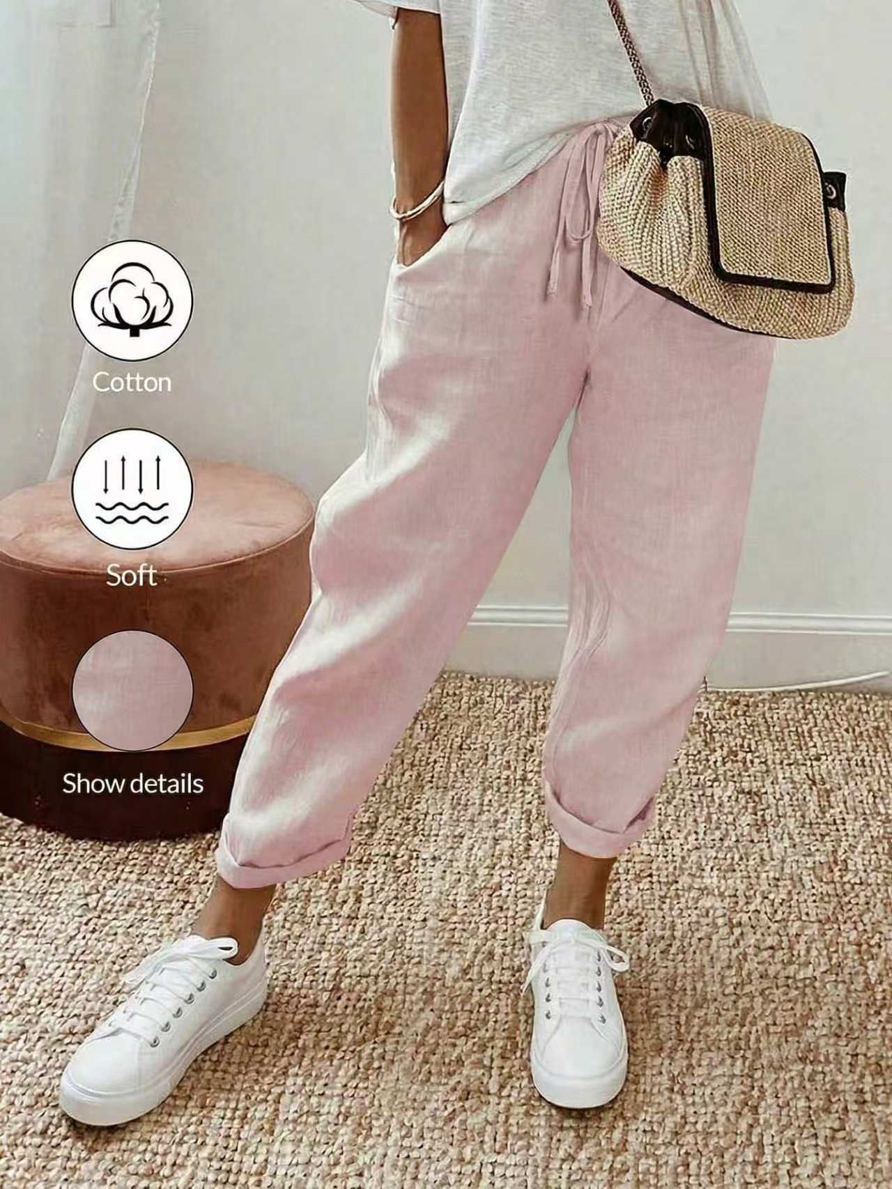 Women's Cotton Linen Cropped Pants with Pockets and Elastic Waist, Loose Casual