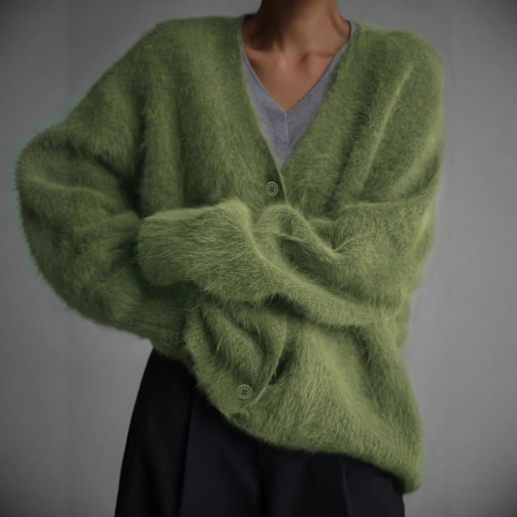 Women's Fuzzy Knit Cardigan Loose Slouchy V-Neck Green