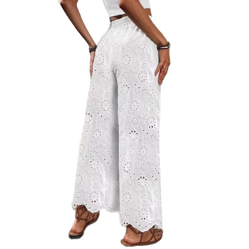 Women's Embroidered Cutout Drawstring Pants Casual Straight-Leg White
