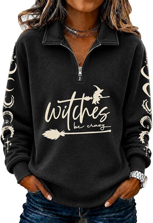 Women's Half-Zip Halloween Witch Skull Print Hoodie