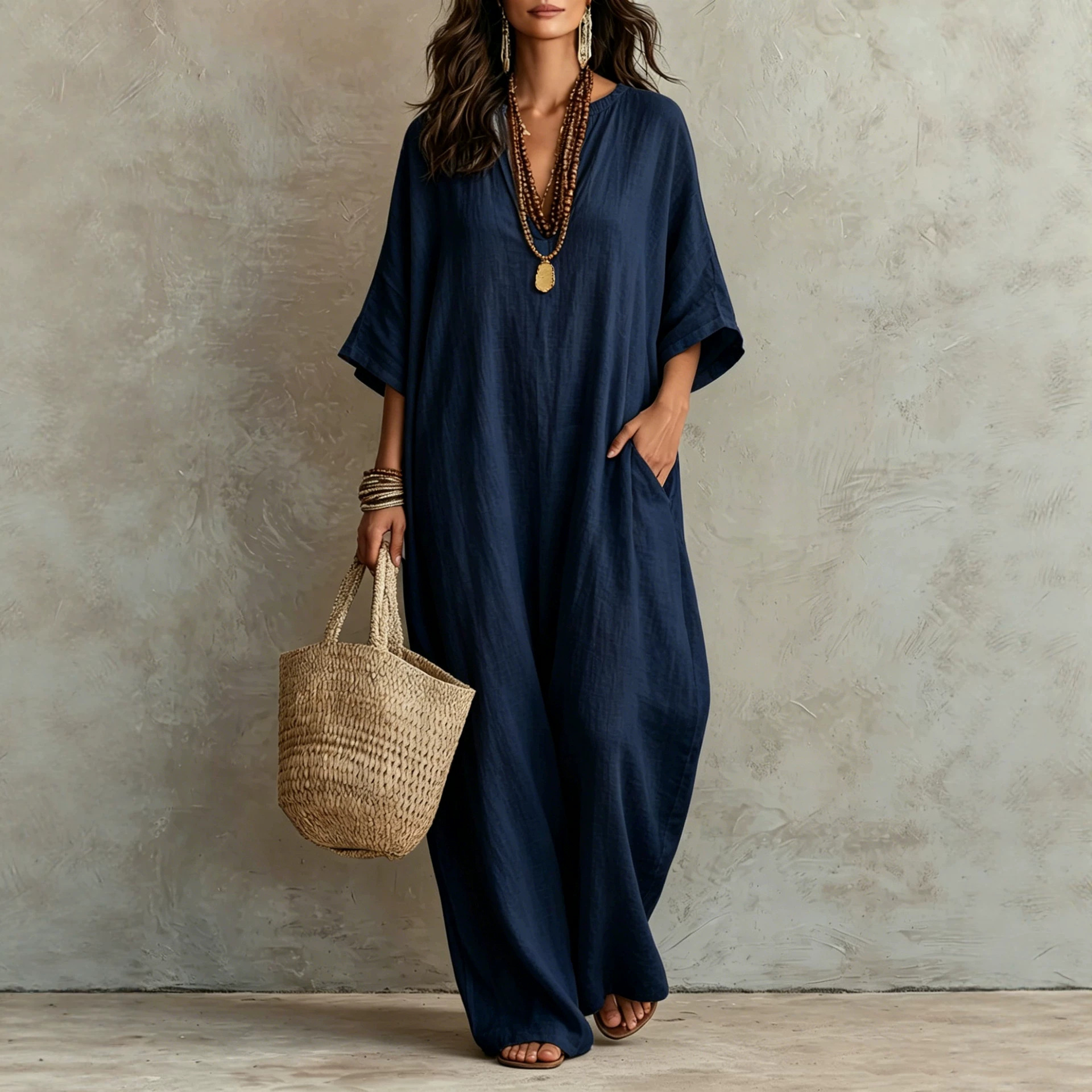 Cotton Linen Loose V-Neck Boho Maxi Dress 3/4 Sleeve