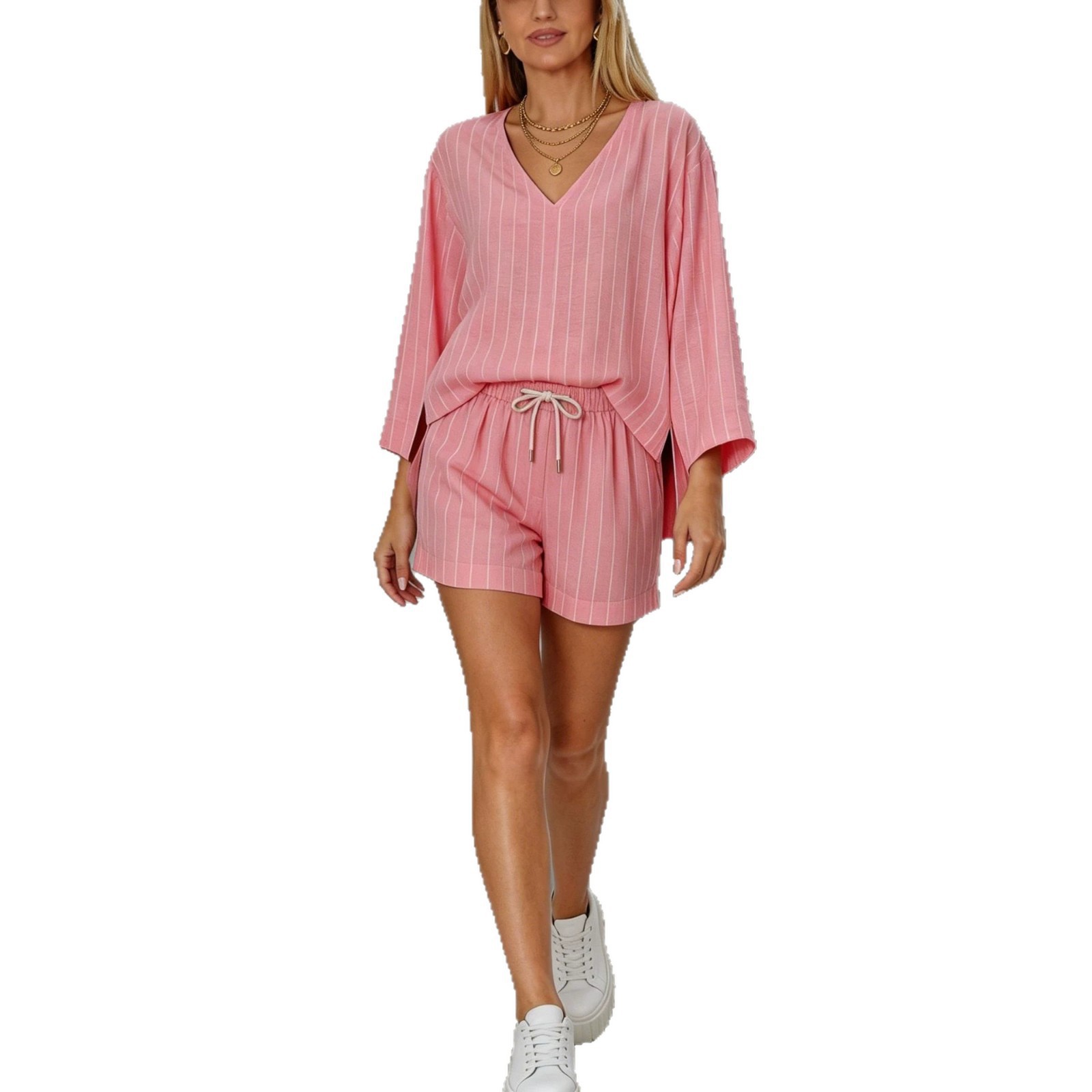 Women's Striped Two-Piece Set V-Neck Long Sleeve Top & Shorts