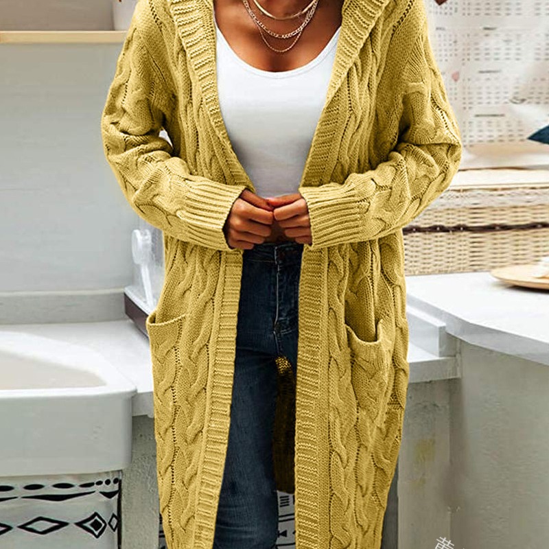 Women's Hooded Cable Knit Open-Front Cardigan Sweater, Mid-Length