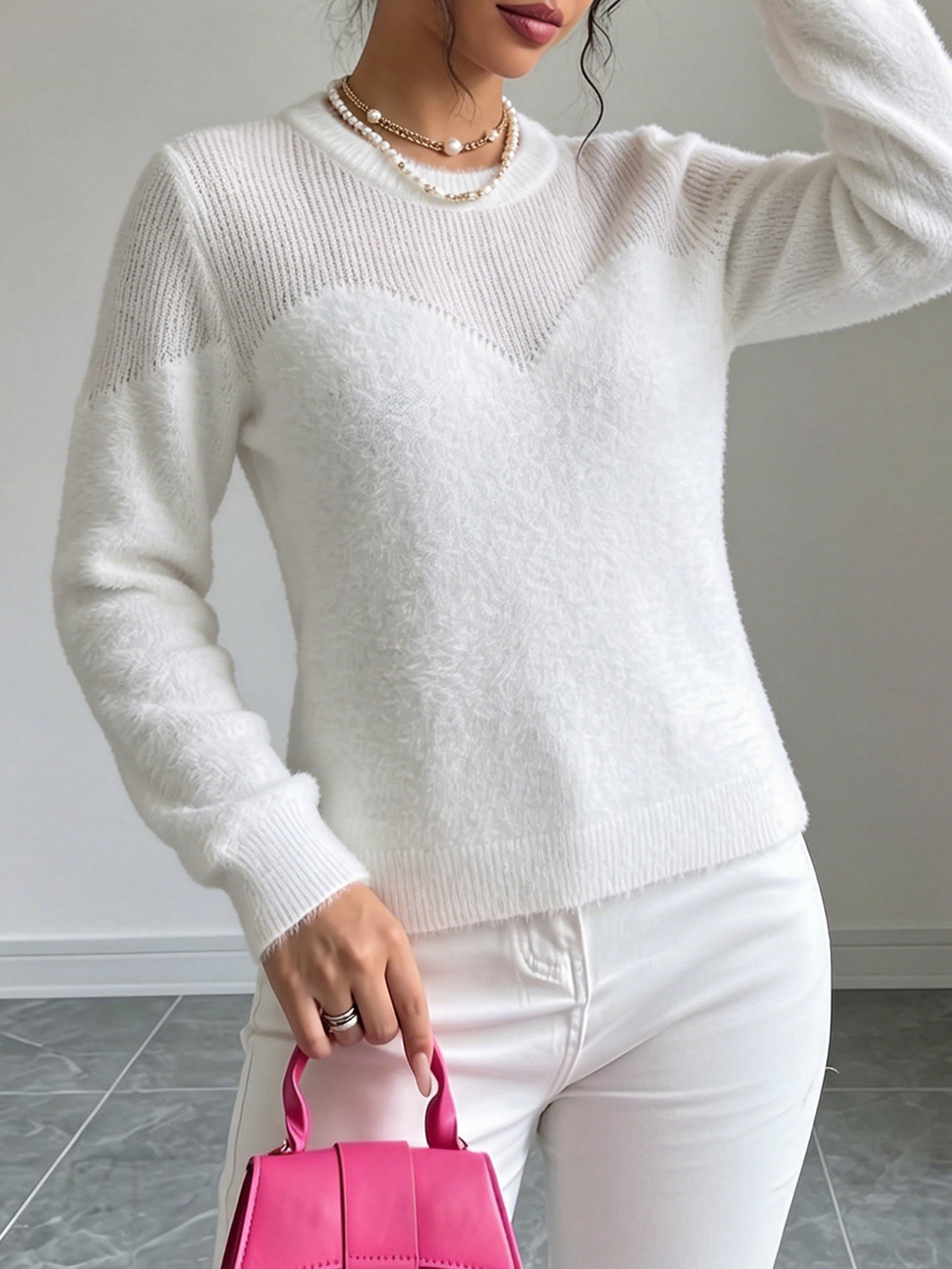 Women's Open-Knit Crewneck Long-Sleeve Top