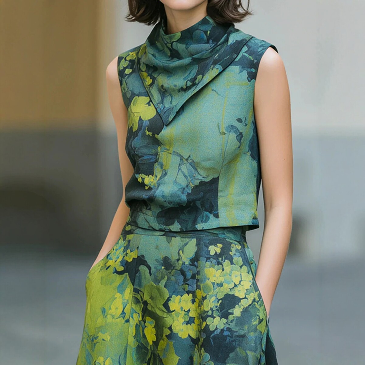V-Neck Waist-Defined Ruffle Floral Print Midi Dress