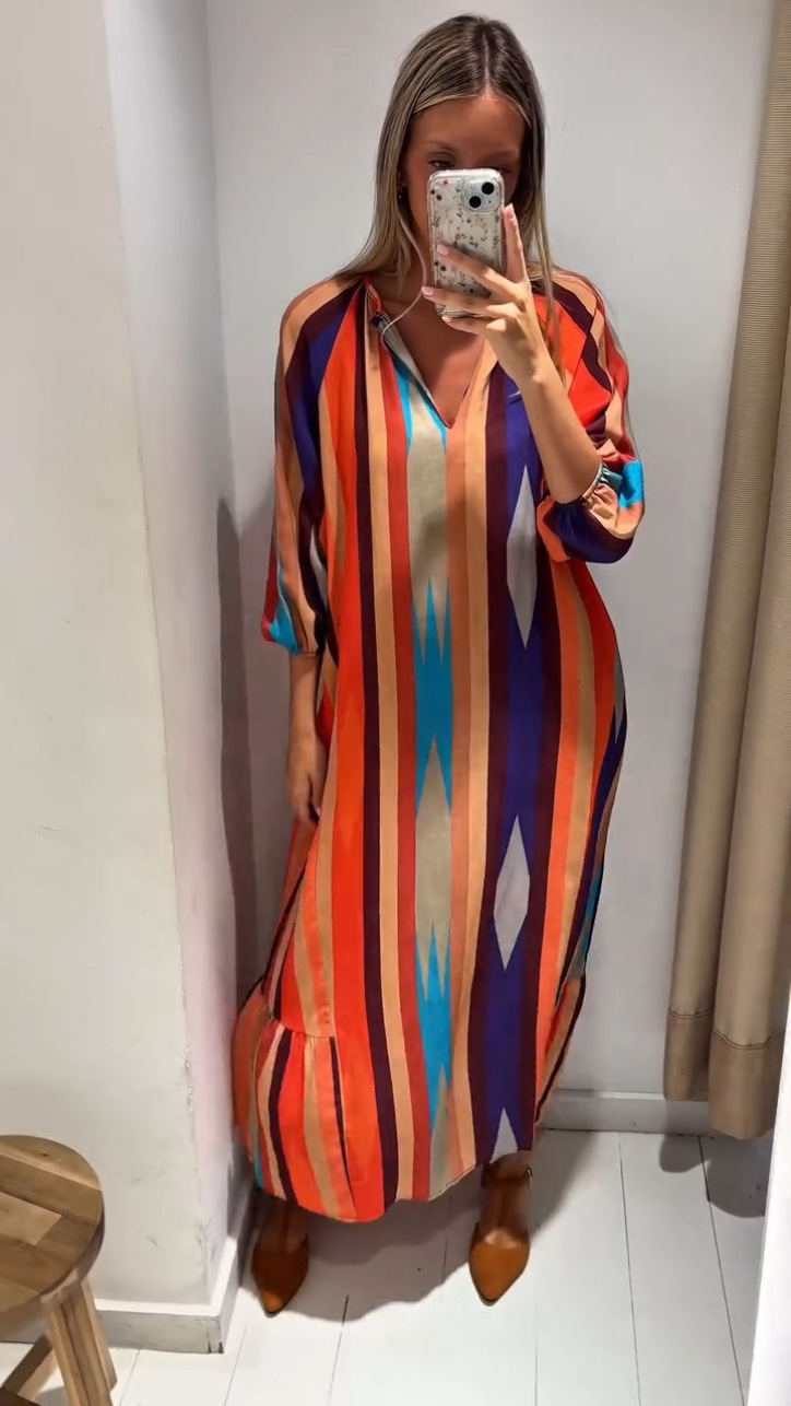 V-Neck Floral Print Loose A-Line Midi Dress Ice Silk Crinkle