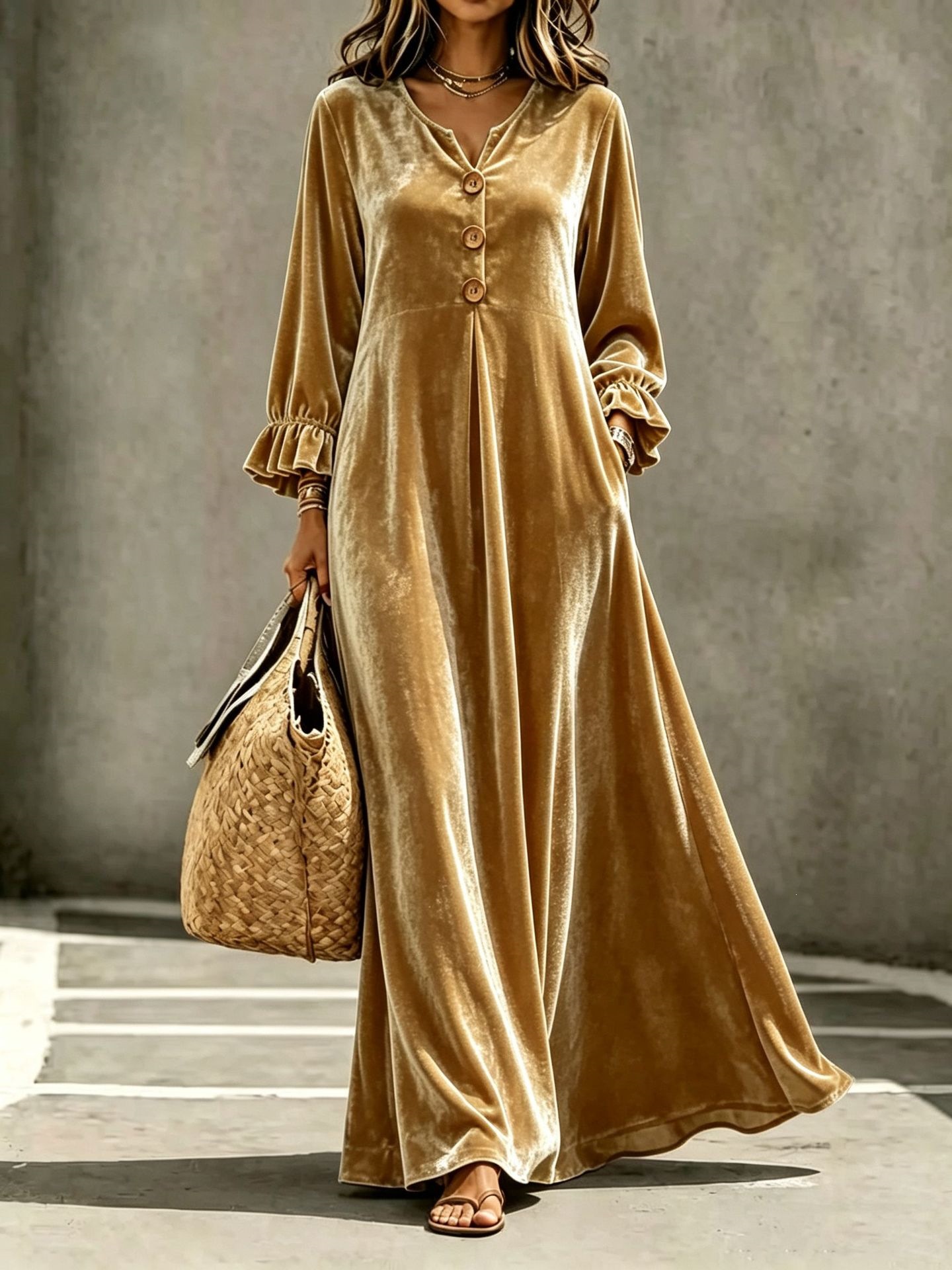 Velvet V-Neck Ruffle-Sleeve Long A-Line Dress