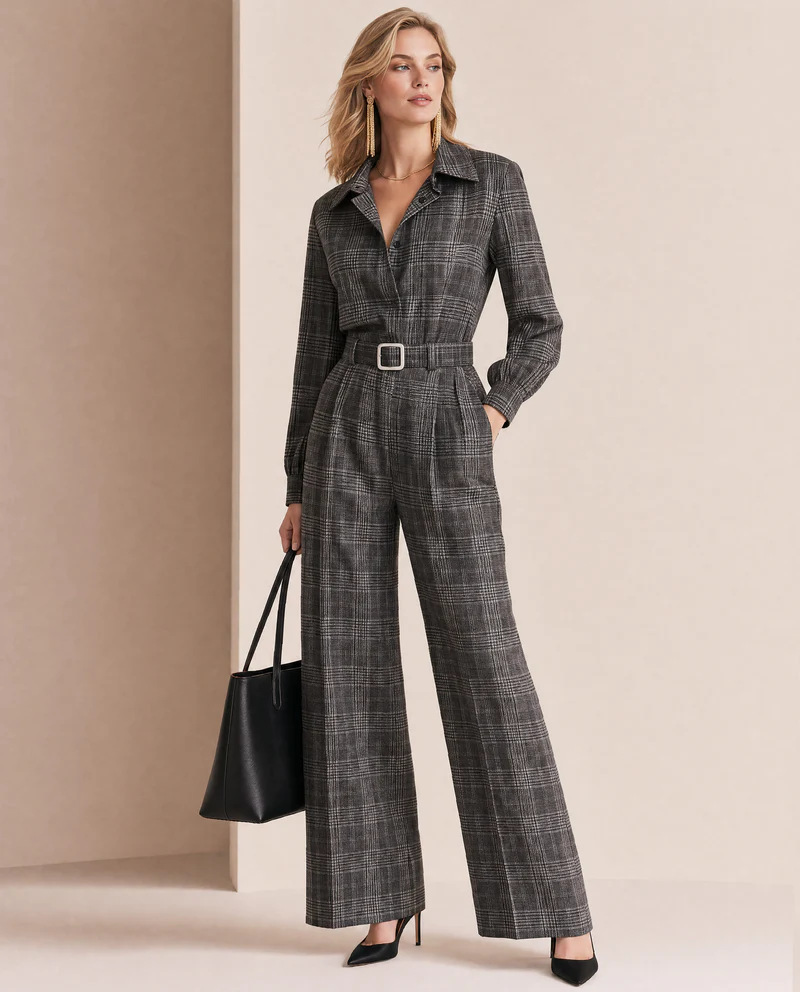 Plaid Jumpsuit for Women High Waist Slimming Long Sleeve