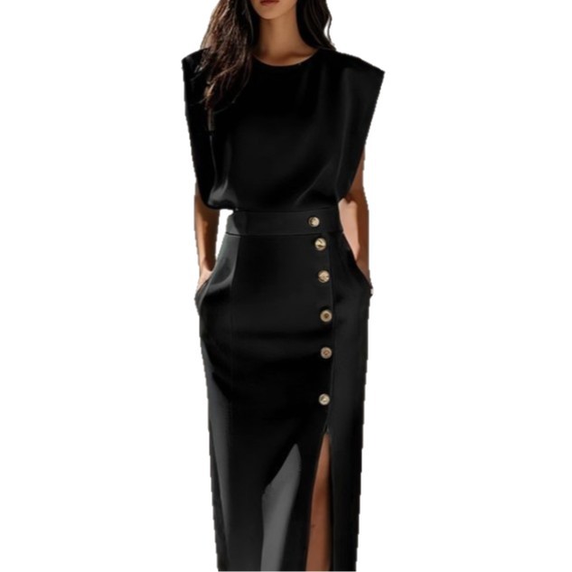 Women's Sleeveless Crew Neck Button Split Bodycon Midi Dress