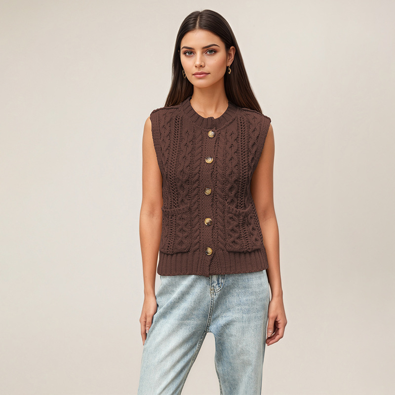 Women's Sleeveless Round Neck Pocket Knit Cardigan Vest