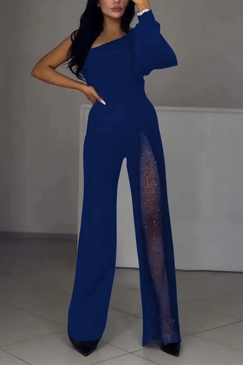 Women's One-Shoulder High-Slit Jumpsuit with Flared Pants