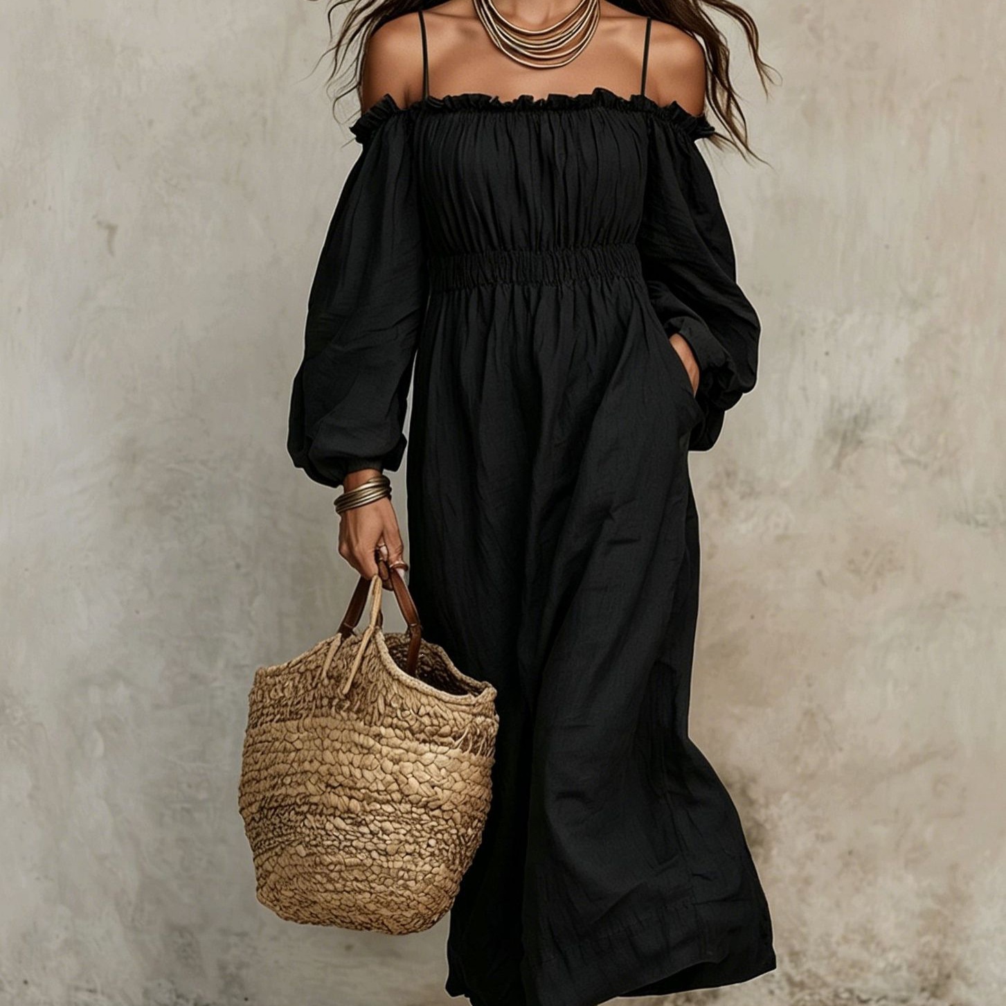 Women's Off-Shoulder Cotton-Linen Midi Dress with Lantern Sleeves