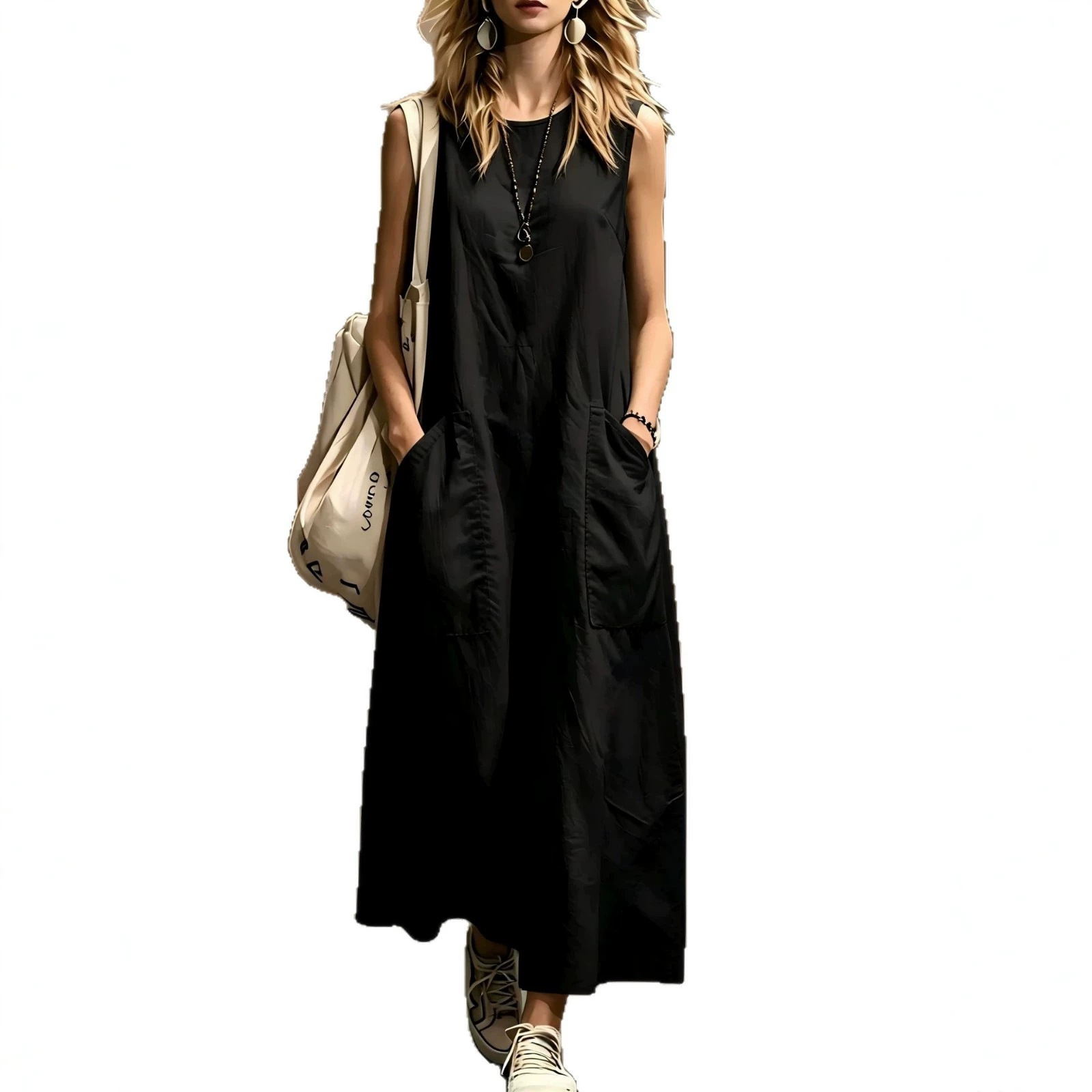 Women's Solid Sleeveless A-Line Midi Dress with Pockets