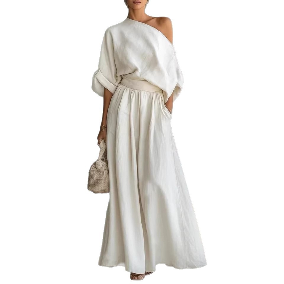 Elegant One-Shoulder Waist-Cinching Top and Skirt Two-Piece Set