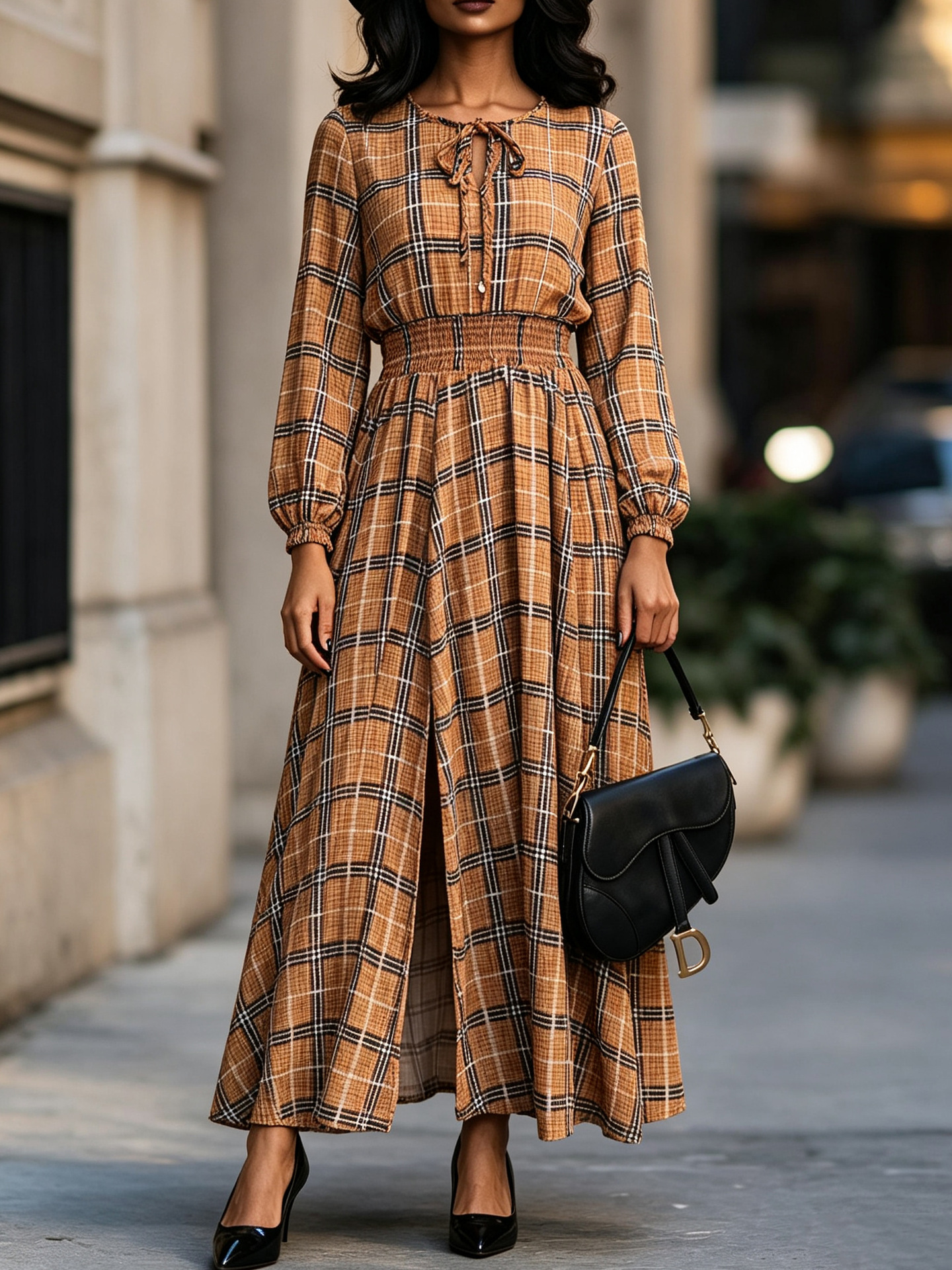 Floral Print Long Sleeve V-Neck Waist-Cinched Slit Maxi Dress