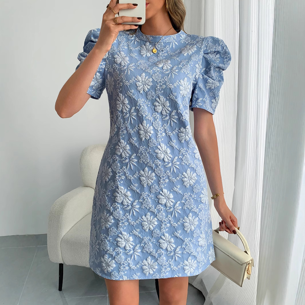 Women's Puff Sleeve Textured Jacquard Round Neck Vintage Dress