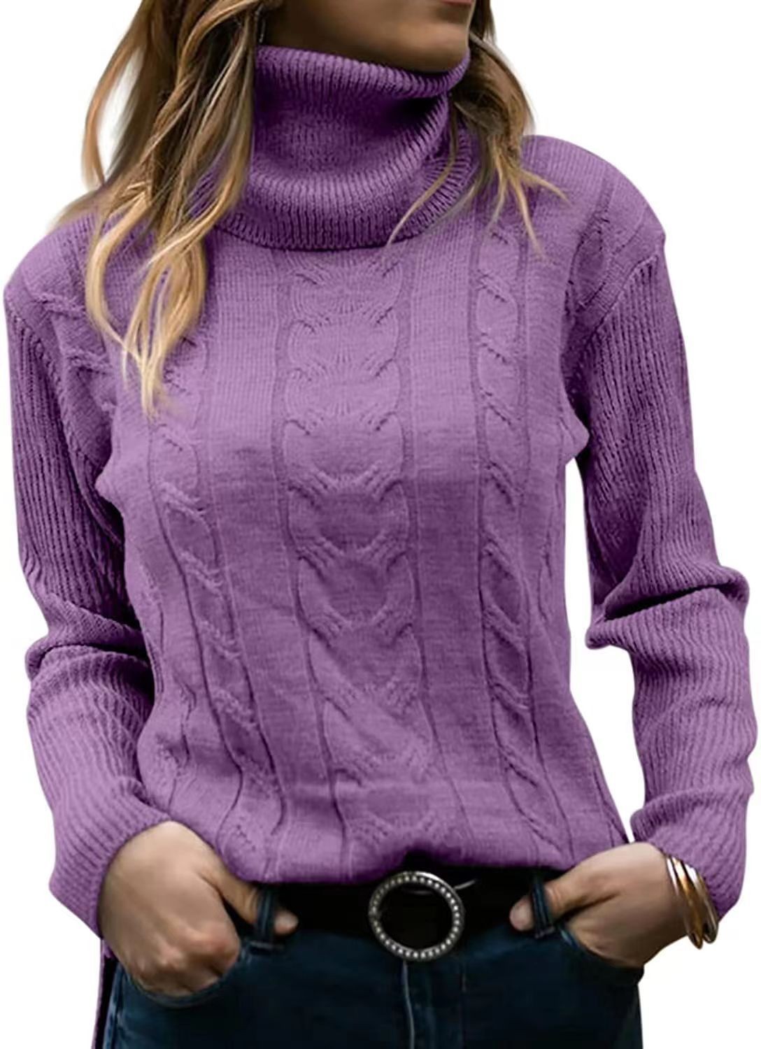 Women's Solid Turtleneck Knit Sweater Long Sleeve Pullover