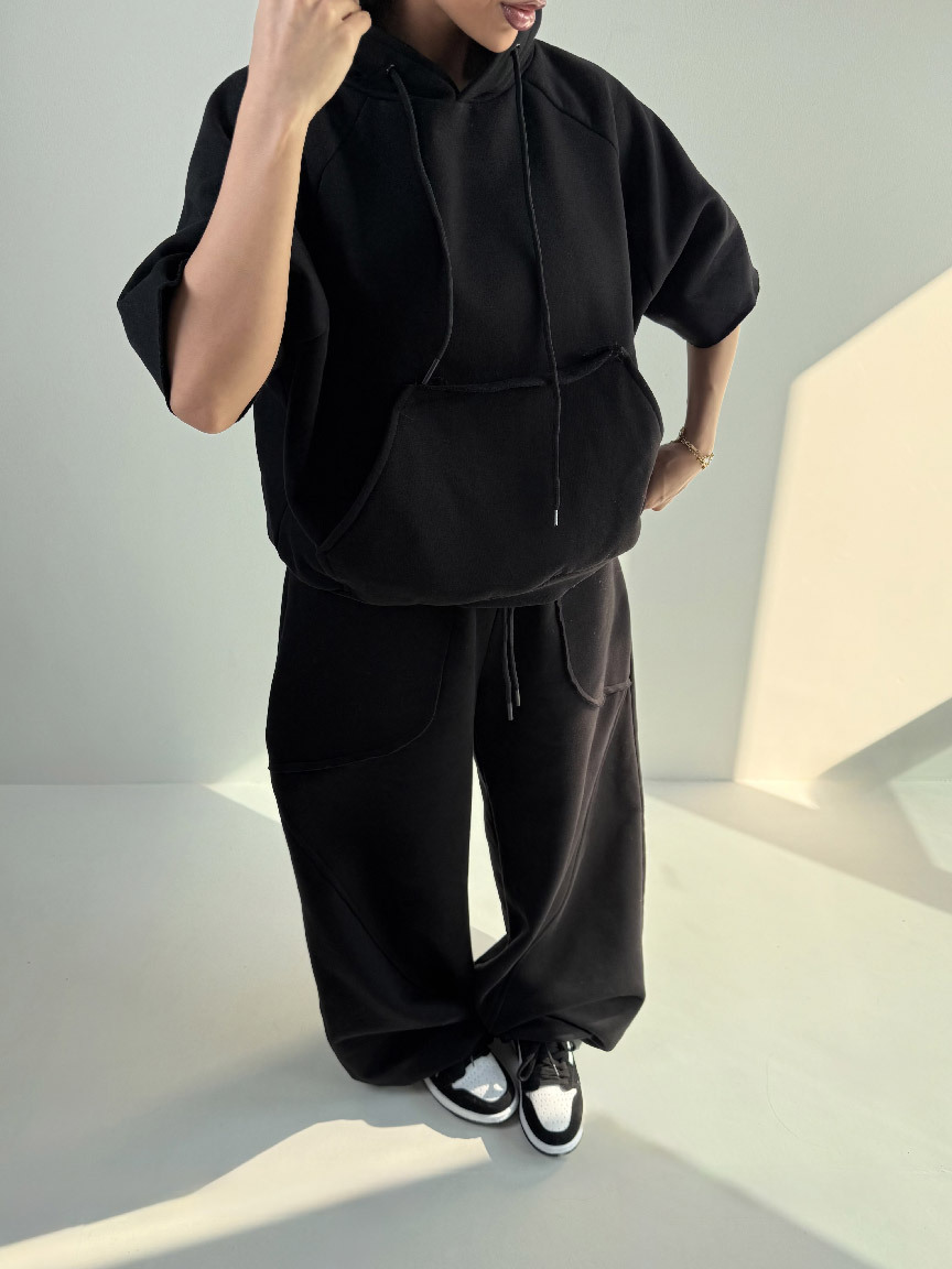 Women's Solid Color Hooded Half-Sleeve Sweatshirt and Pants Set Casual Two-Piece Outfit