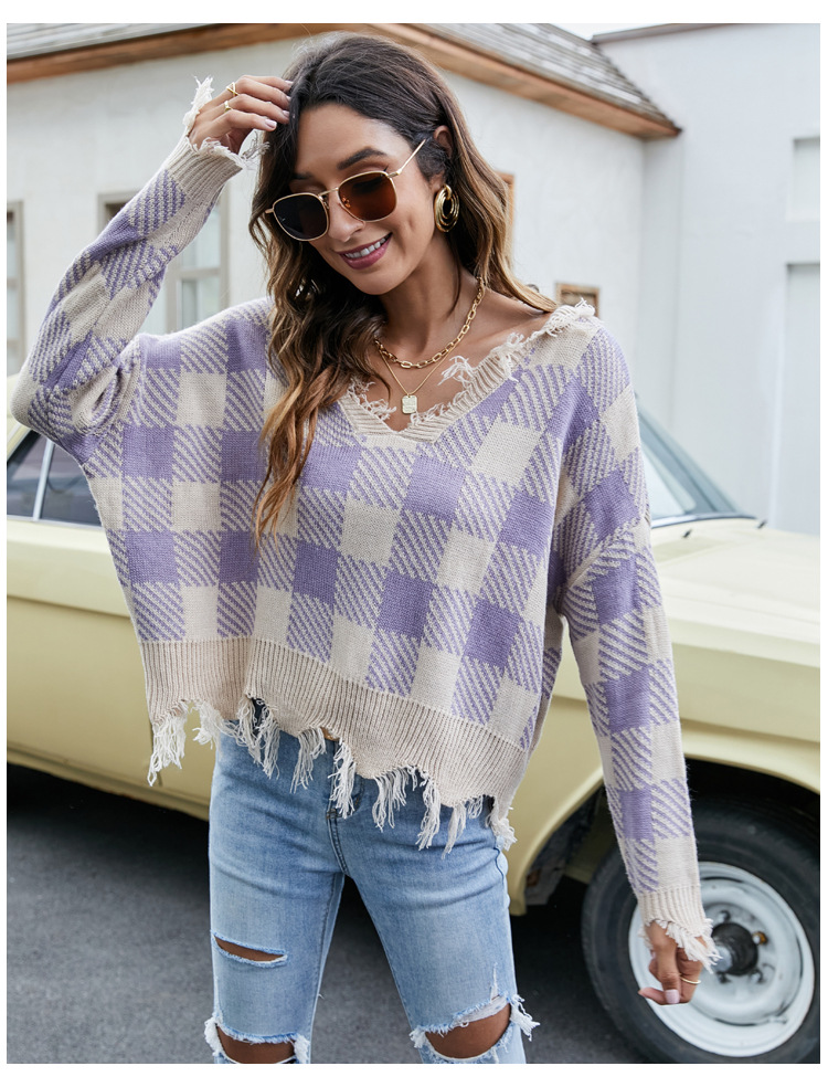 Women's Loose Cropped V-Neck Fringe Knit Sweater