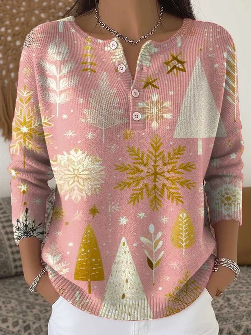 Women's Christmas Animal Lantern Print Button Sweatshirt