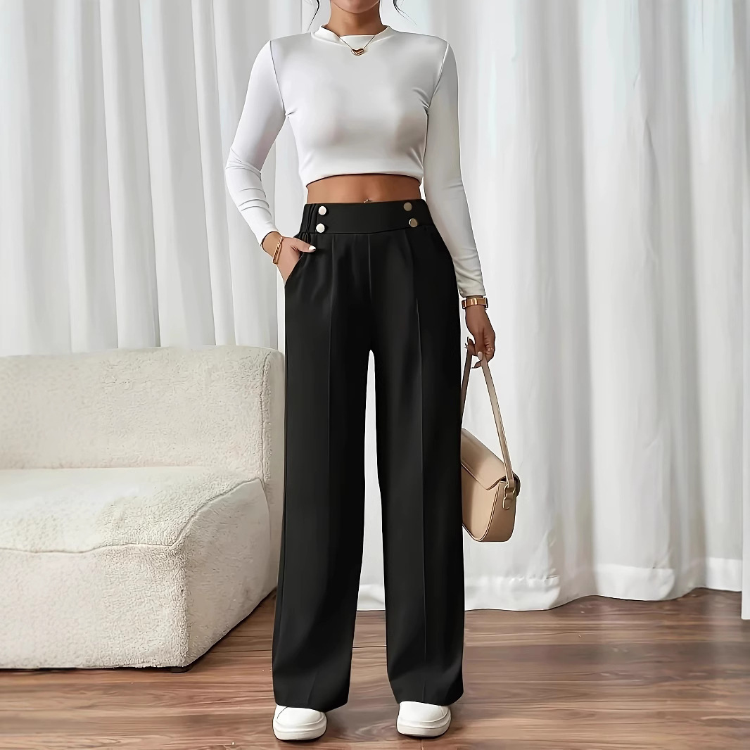 Women's High-Waist Straight-Leg Suit Pants with Drape, Solid Color