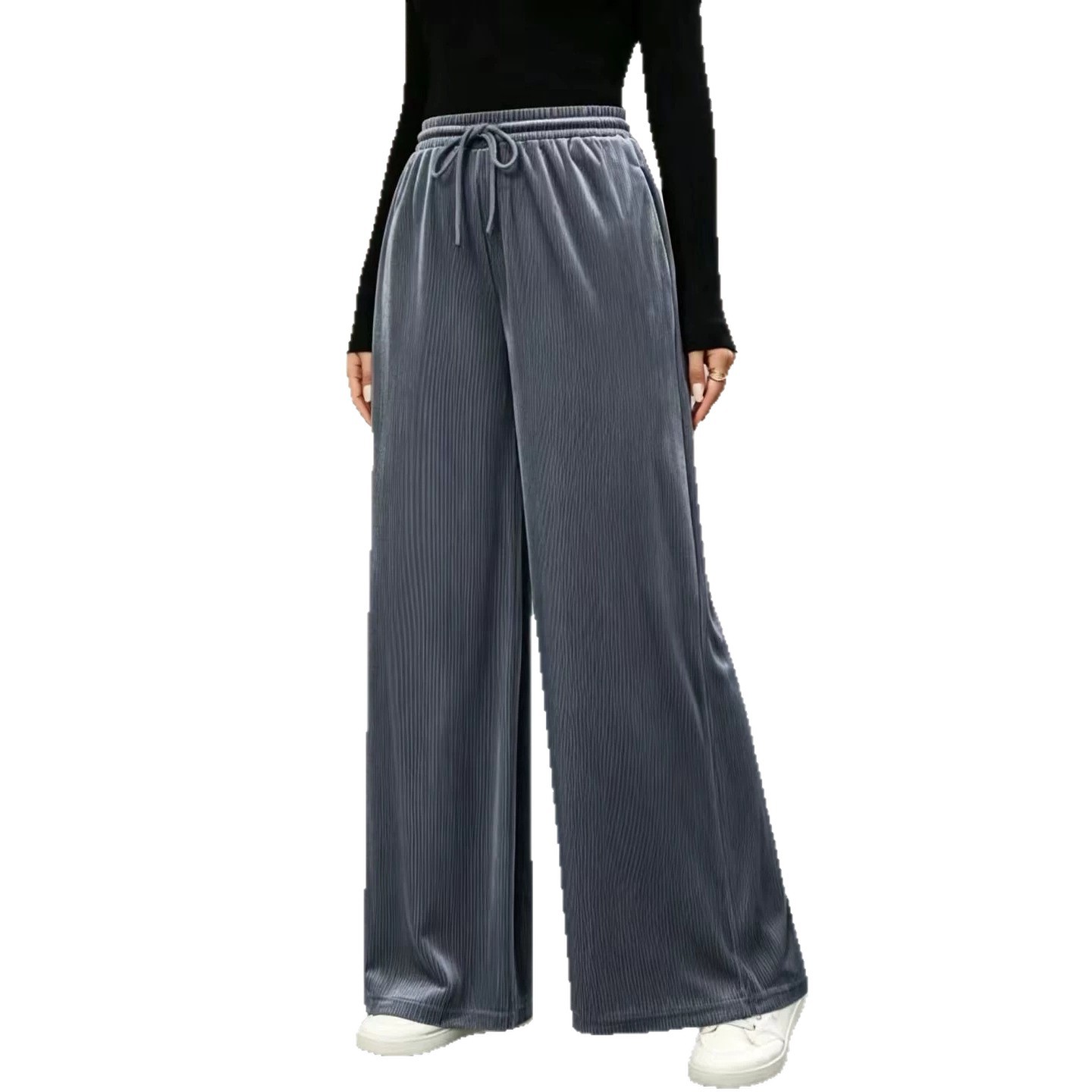 High-Waist Drawstring Wide-Leg Velvet Pants