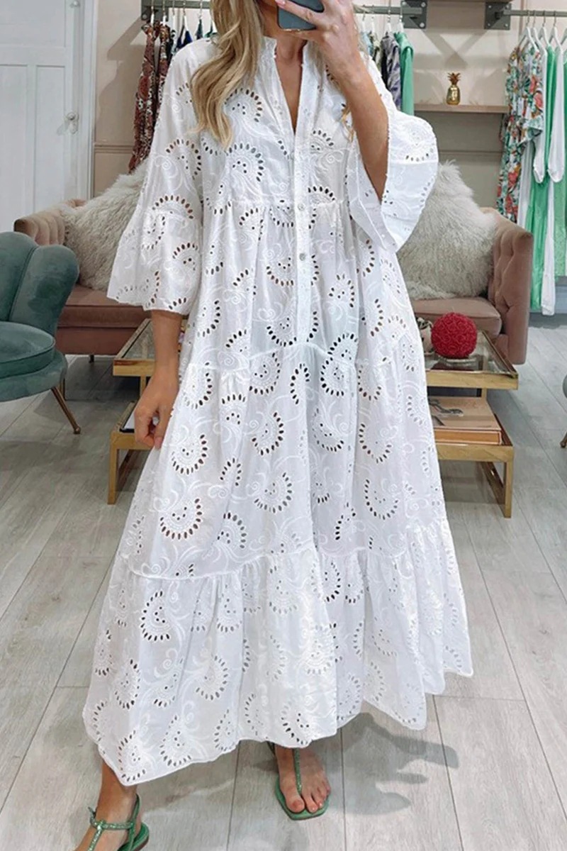 V-Neck Bell Sleeve Lace Hollow Out Solid Long Dress