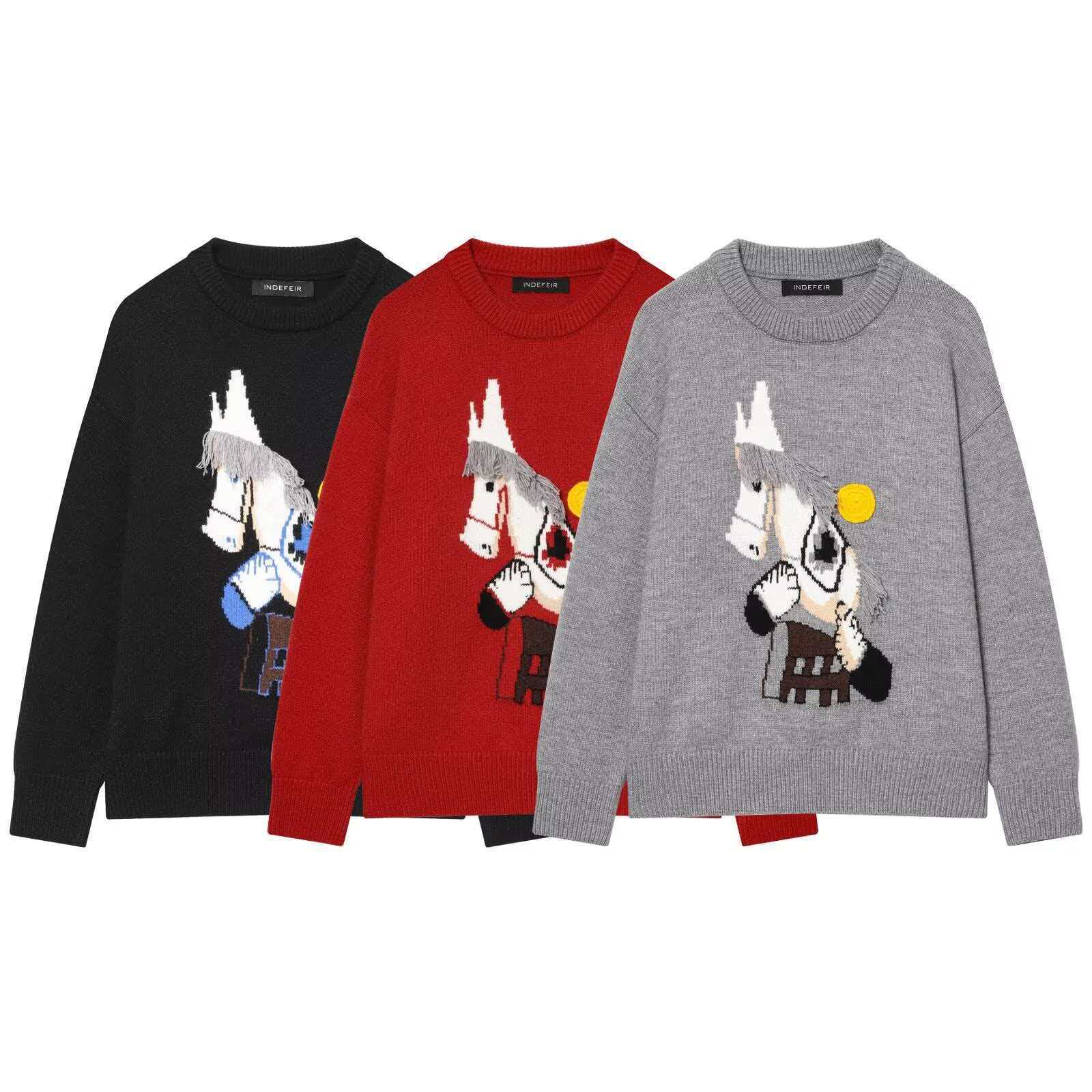 Women's Heavyweight Embroidered Pony Knit Sweater Crewneck Pullover