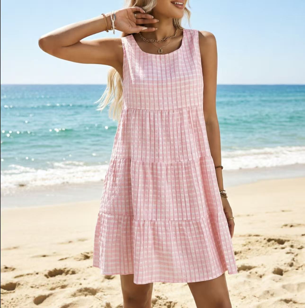 Ruffled Sleeveless Plaid A-Line Midi Dress