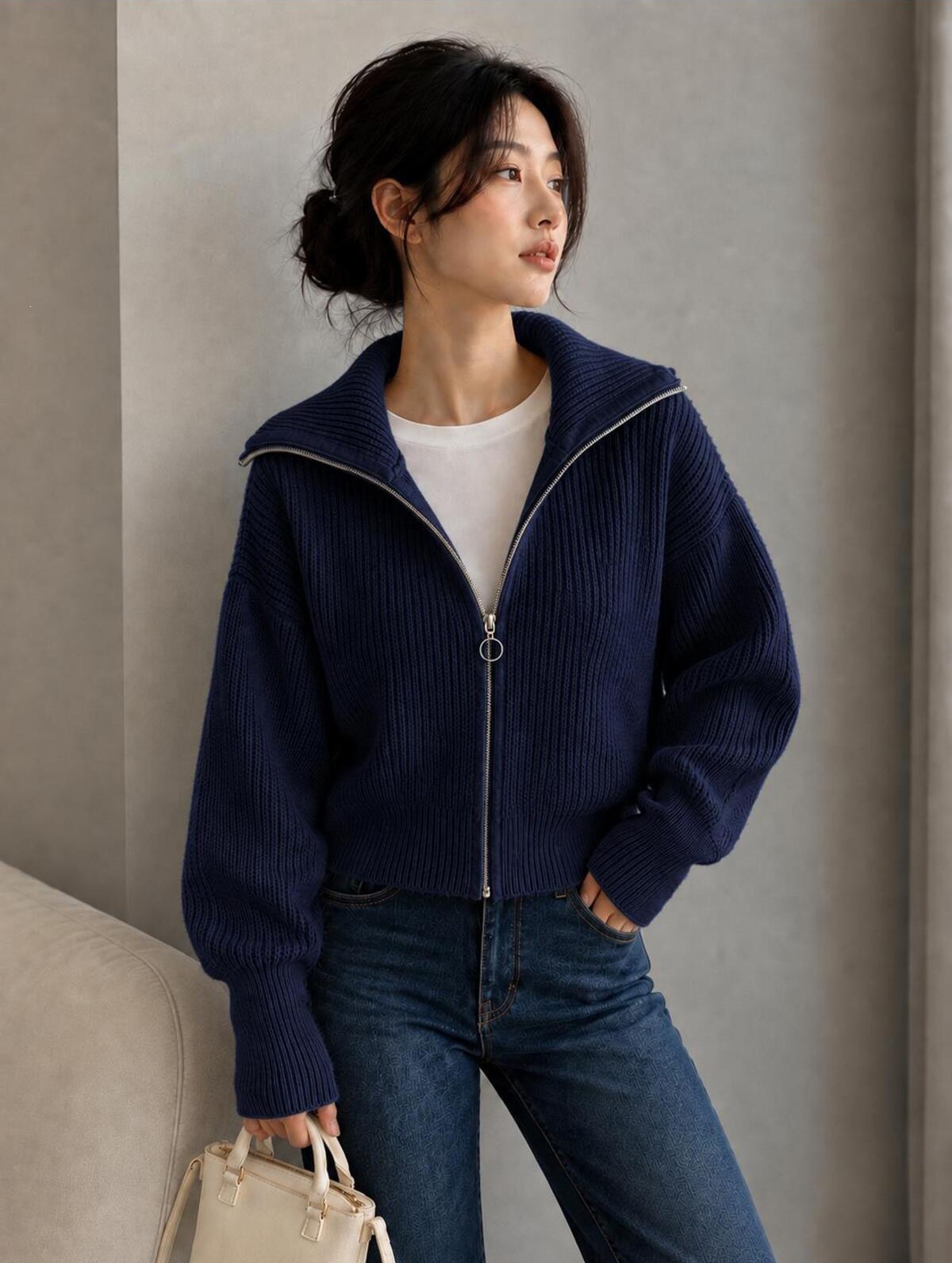 Women's Thick Loose V-Neck Zip-Up Cardigan Sweater Coat Solid Color