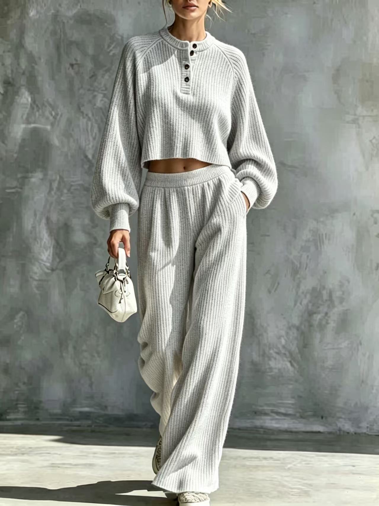 Women's Solid Color Knit Button-Down Loose Two-Piece Set