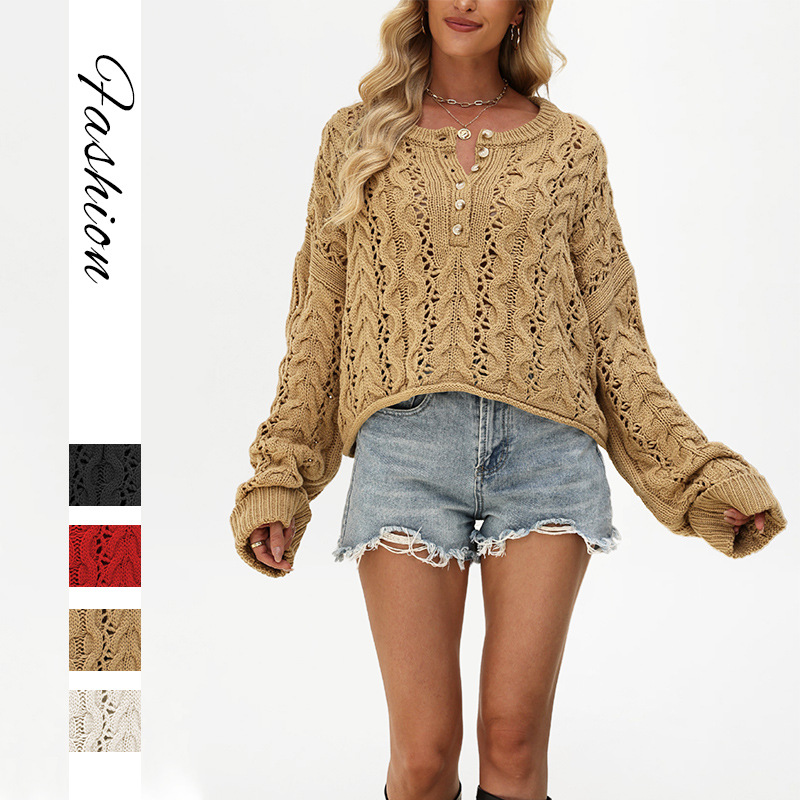 Button-Front Cable-Knit Sweater Loose Fit Solid Crew Neck Short Cardigan