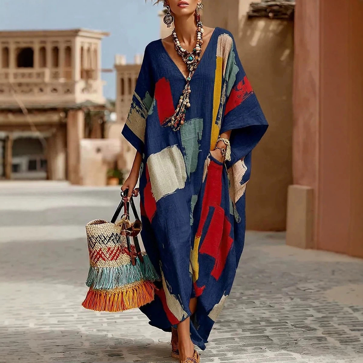Women's Boho Ethnic Print A-Line Dress with Pockets