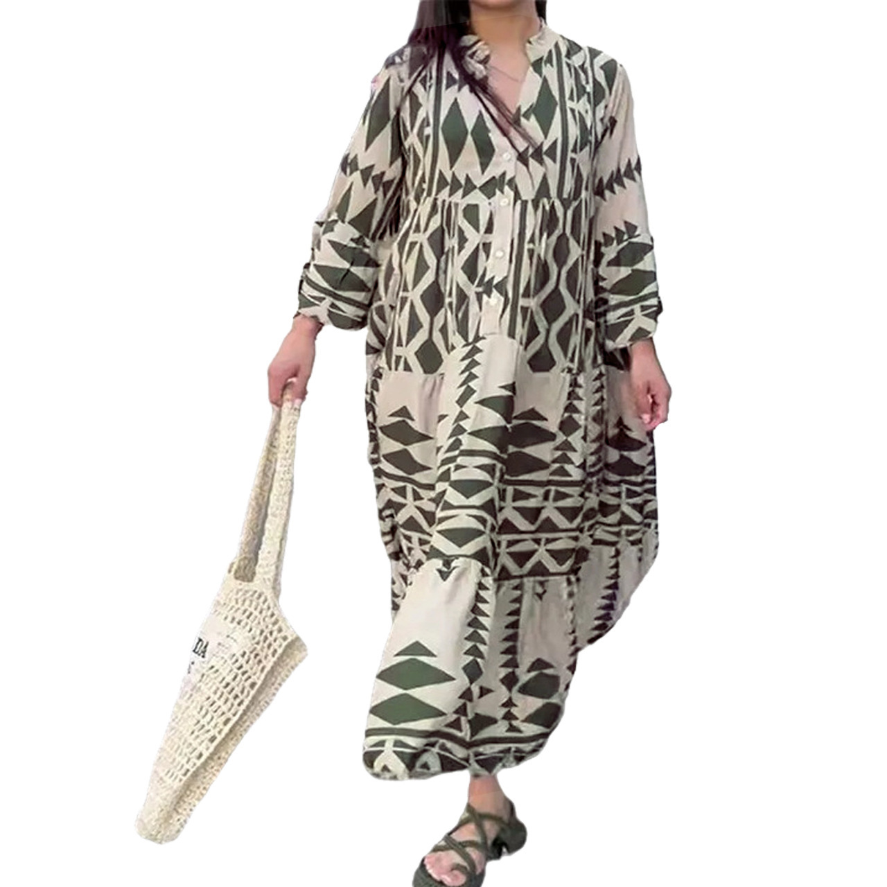 Plus Size Bohemian Print Shirt Dress V-Neck A-Line Long Sleeve