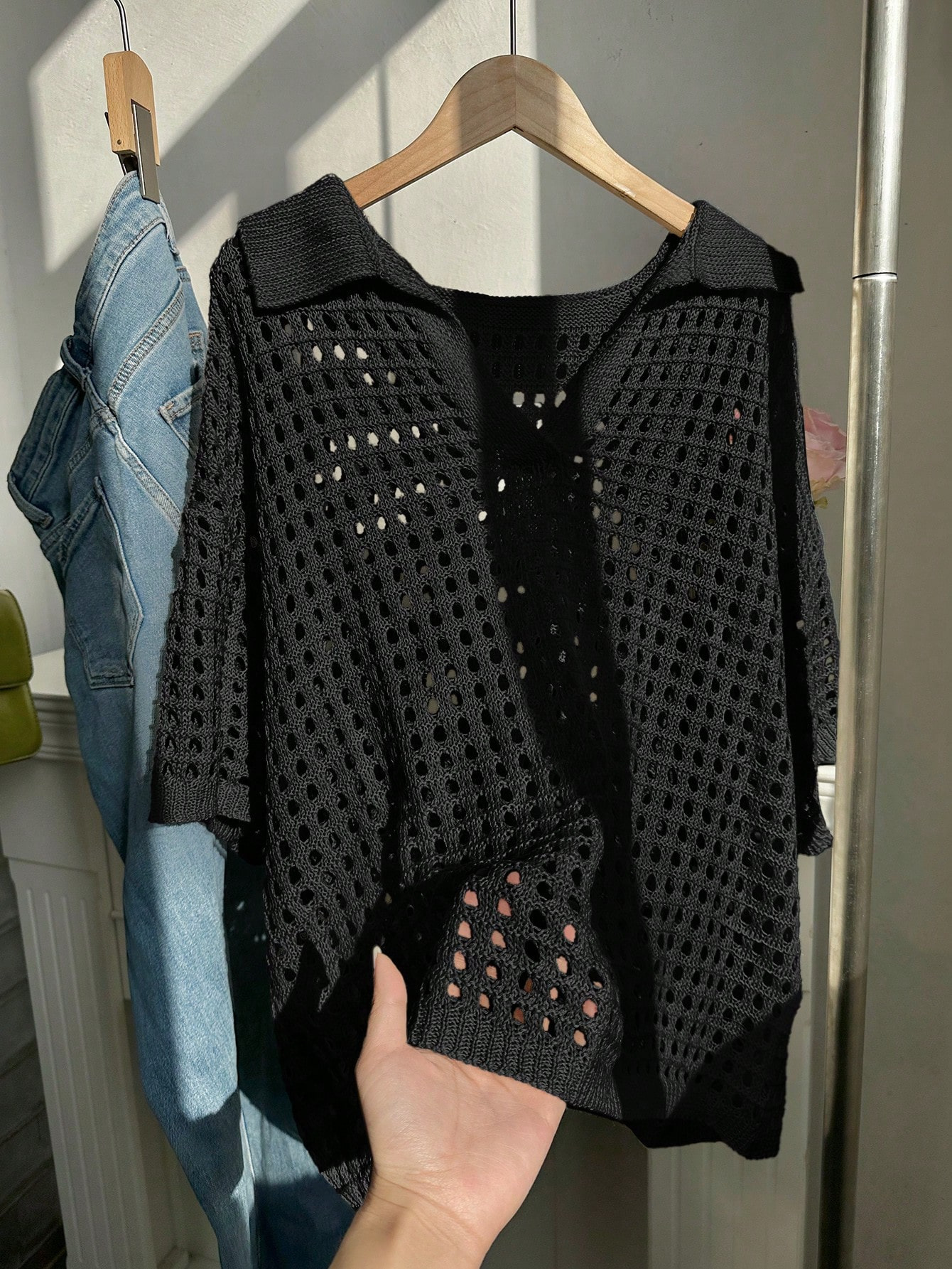 Open-Knit Collared Midi Cardigan
