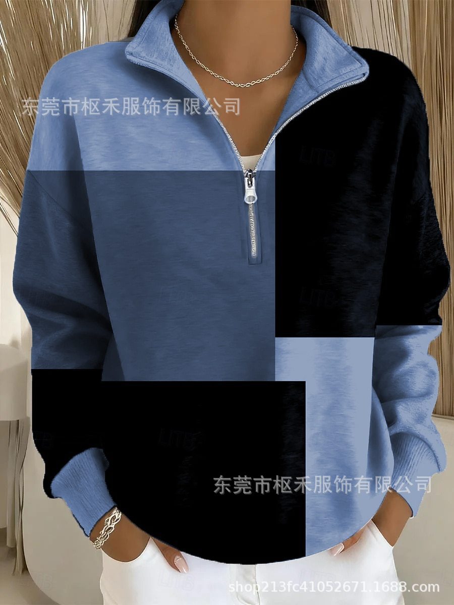 Plaid Color-Block Print Half-Zip Hoodie for Women