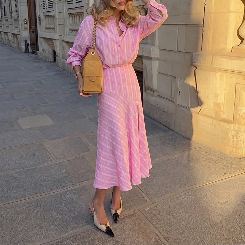 Striped Collared Slit Long Skirt Set