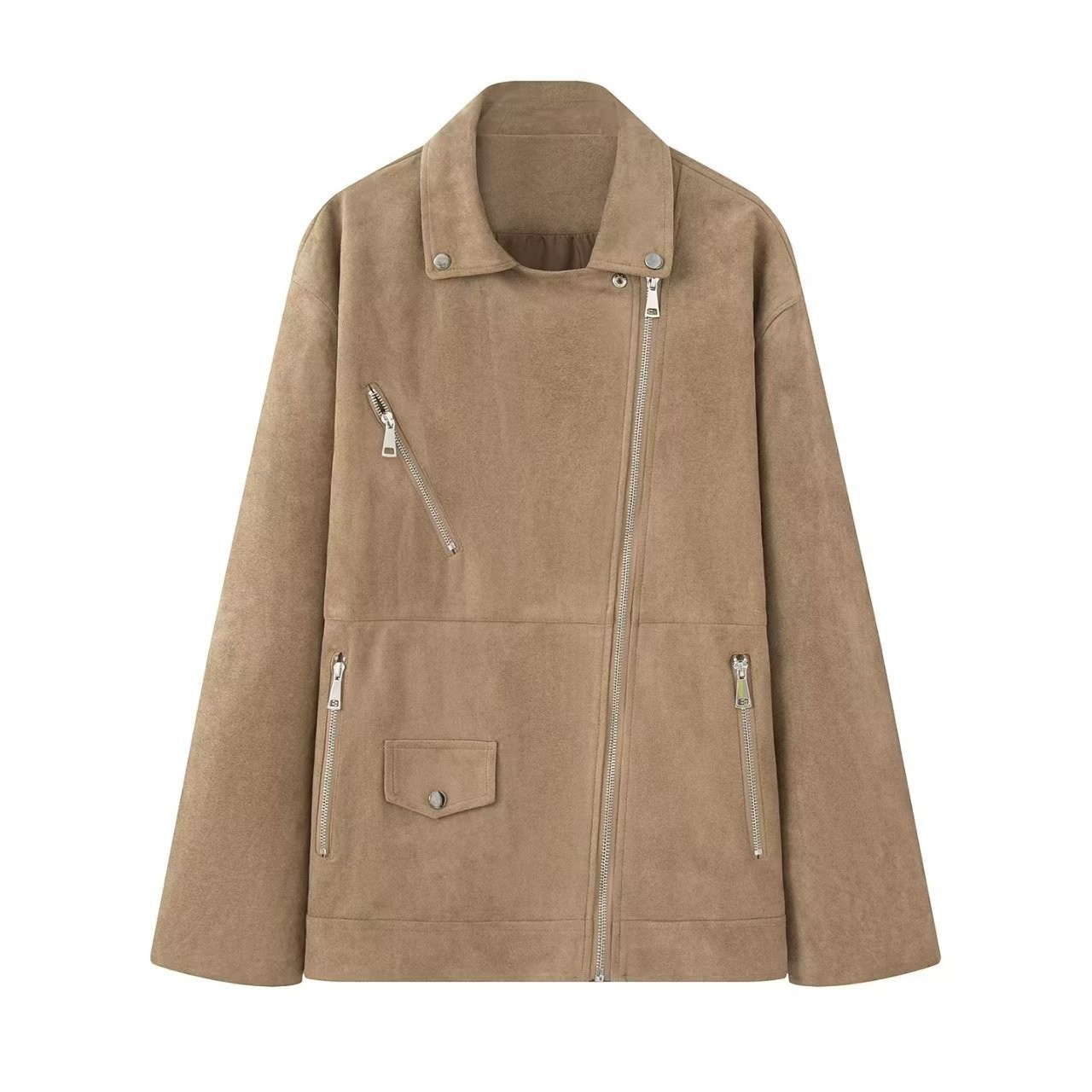 Sueded Faux-Suede Moto Jacket with Lapel Collar