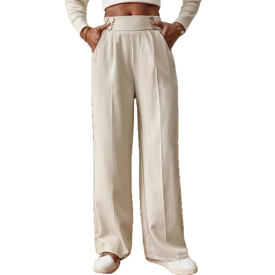 High-Waist Wide-Leg Straight Pants with Drape, Solid Color Minimalist Design