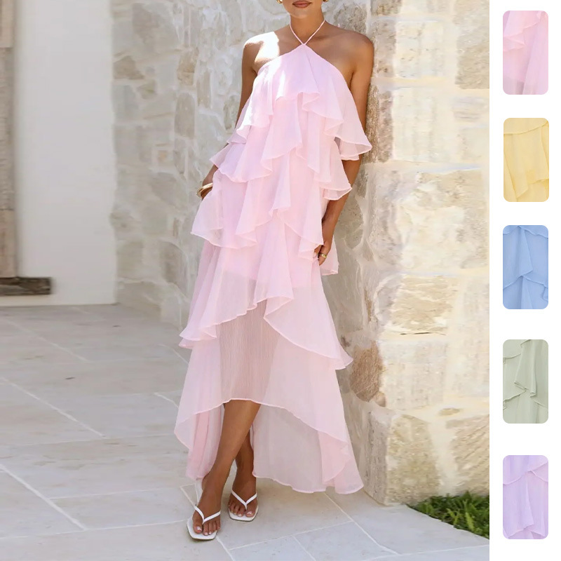 Elegant Ruffled Halter Neck Tiered Dress