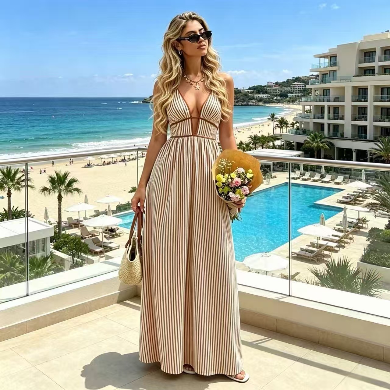 Women's Deep V-Neck Striped Sleeveless Maxi Dress