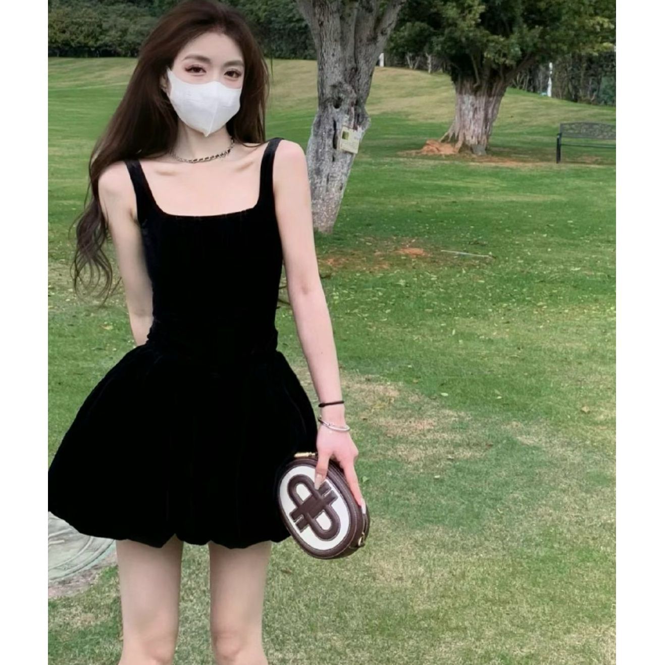Square Neck Sleeveless Puff Dress Waist-Fitted Mini Little Black Dress
