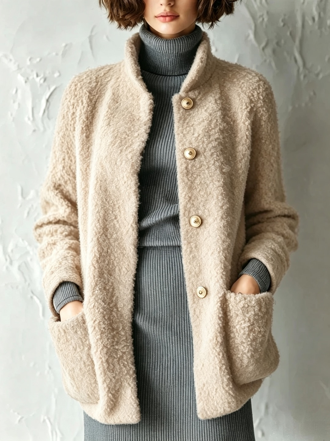 Women's Fuzzy Button-Up Cardigan Solid Color Loose Fit