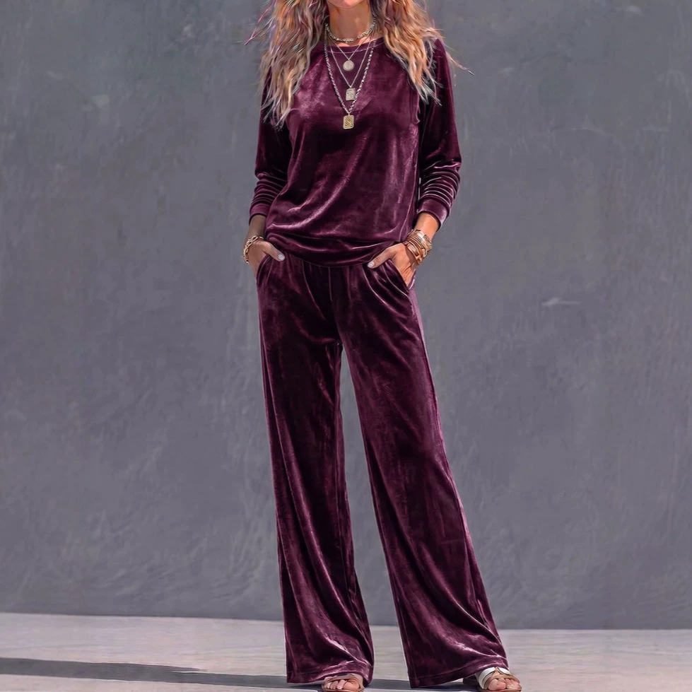 Solid Velvet Crewneck Long-Sleeve Loose Wide-Leg Two-Piece Set