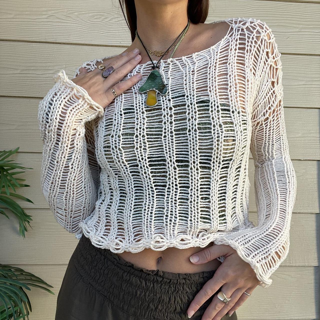 Sun Protection Knit Cover-Up Crewneck Long Sleeve Hollow-Out Short Casual Top
