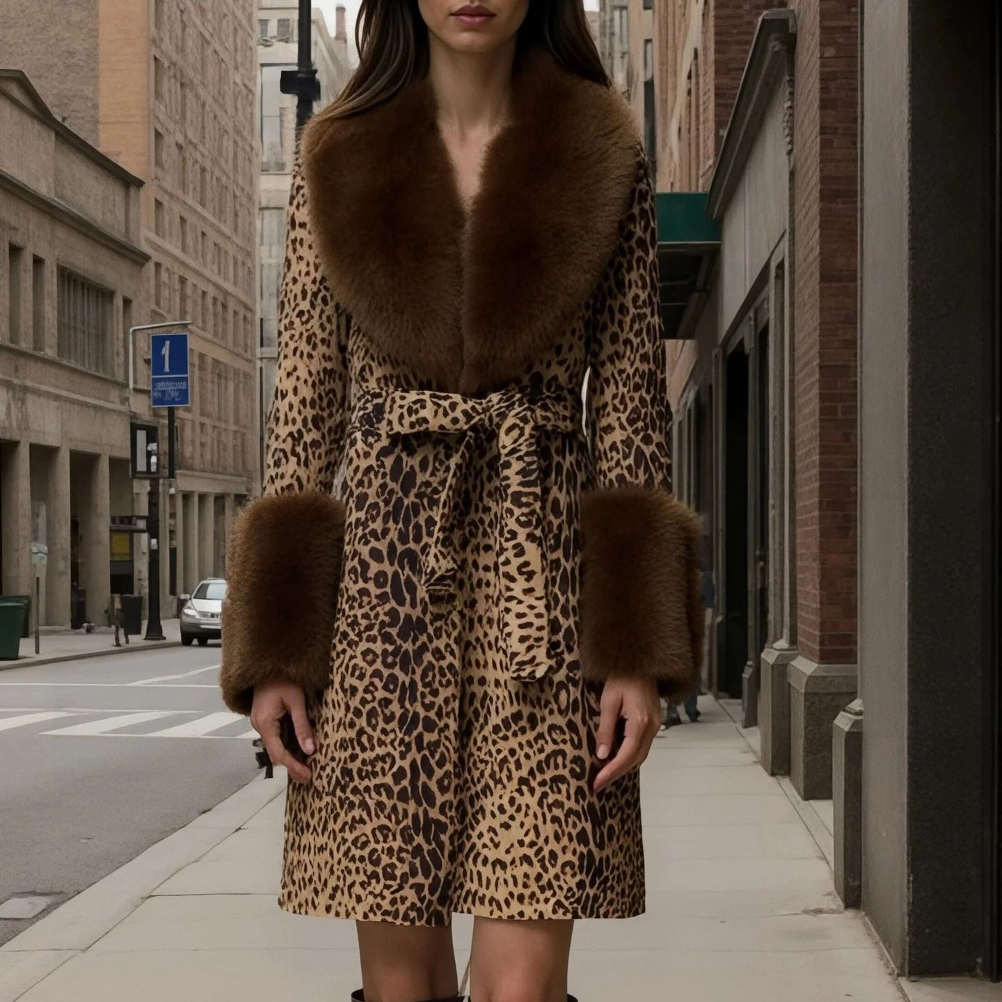 Leopard Print Digital Print Long Sleeve Faux Fur Collar Dress