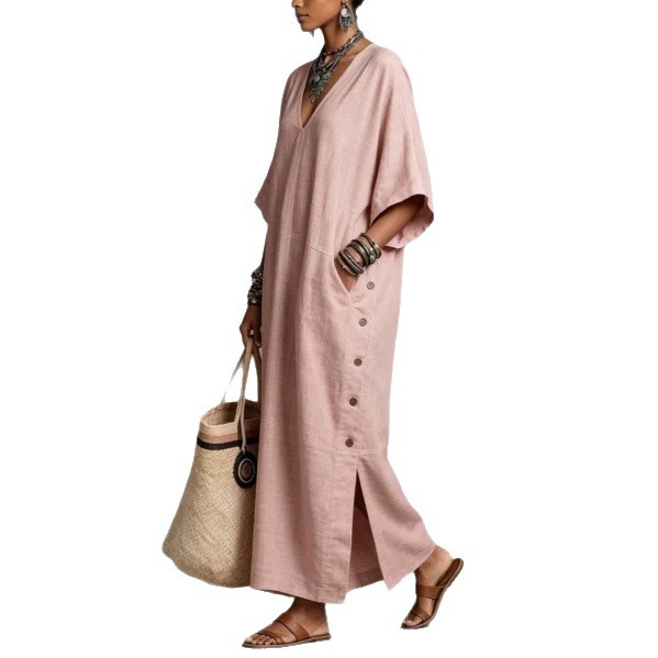 Linen-Blend Loose V-Neck Side-Button Midi Dress