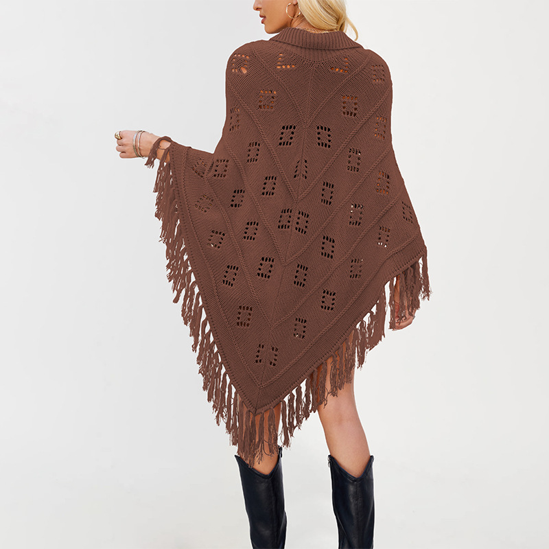 Fringed Knit Cape Sweater with Lapel Collar